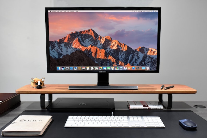 white oak monitor stand, white oak desk shelf, white oak desk stand, monitor, desk mat, mouse, key board, modern desk setup, work from home