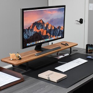 white oak monitor stand, white oak desk shelf, white oak desk stand, monitor, desk mat, mouse, key board, modern desk setup, work from home