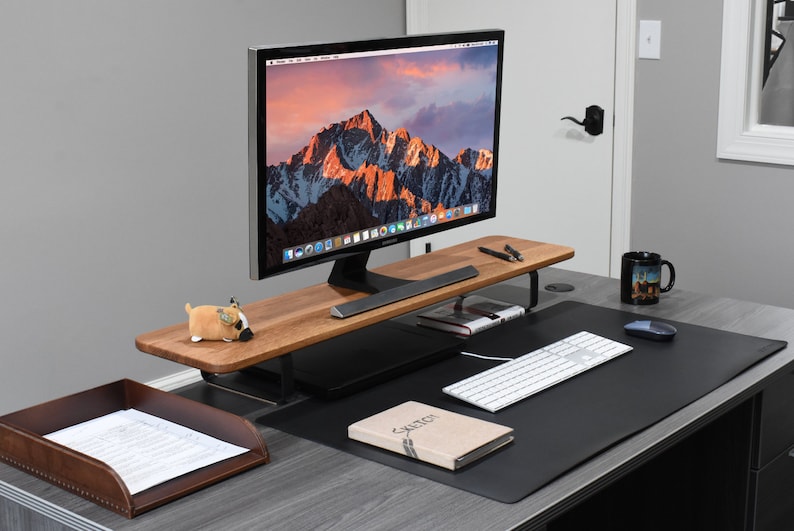 white oak monitor stand, white oak desk shelf, white oak desk stand, monitor, desk mat, mouse, key board, modern desk setup, work from home