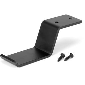 May include: Black metal shelf bracket with two screws. The bracket is designed to be mounted to a wall and has a curved shelf to hold items.