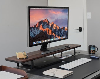 Walnut Dual Monitor Stand: Ergonomic Desk Shelf