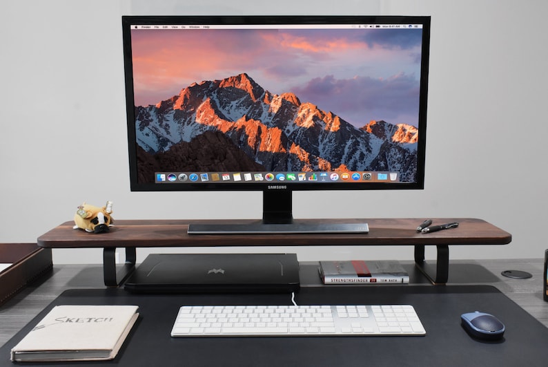 walnut monitor stand, walnut desk shelf, walnut desk stand, monitor, desk mat, mouse, key board, modern desk setup, work from home