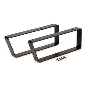 May include: Two black metal shelf brackets with a wood veneer on the bottom. The brackets are angled and have a rectangular shape. The brackets come with four black screws.