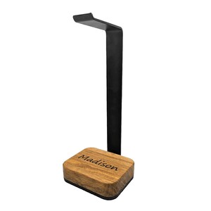 May include: A black metal headphone stand with a wooden base. The base is engraved with the name "Madison".