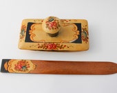 Antique Letter Opener and Ink Blotter - Wood with Floral Transfer - Signature Blotter and Correspondence - Desk Blotter and Page Opener