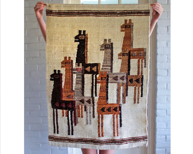 Vintage Wool Tapestry - Ecuador Llama Design - Hand Made by Vikinca