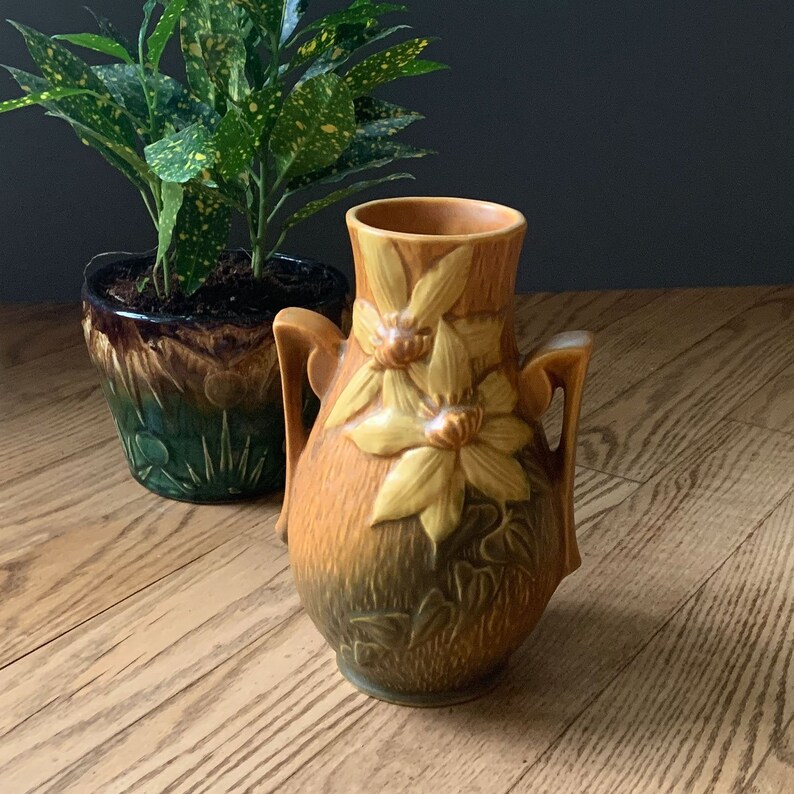 Roseville Art Pottery 108 8 Clematis Vase Brown Etsy