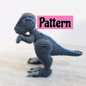 Puede incluir: Un dinosaurio de crochet gris con detalles azules. El dinosaurio está de pie sobre una superficie de madera. La palabra "Pattern" está escrita en letras negras sobre un fondo rosa.