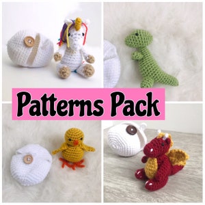 May include: A set of crochet patterns for making amigurumi toys. The patterns include a unicorn, a dinosaur, a chick, and a dragon. Each pattern includes instructions for making the toy and its accompanying egg.