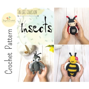 May include: A crochet pattern for making amigurumi insects. The pattern includes instructions for making a ladybug, a bee, and a fly. The pattern is called "Tiki Eggs Collection: Insects".