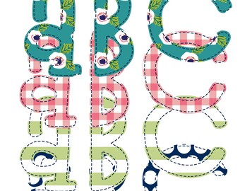 Five Alphabets Summer Flowers Faux Applique Sublimation Design PNG Instant Digital Download Patch Stripes Dots Flowers Floral Spring Girl