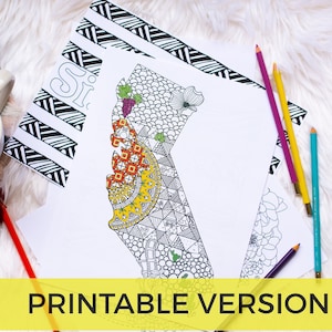 May include: A printable coloring page featuring a detailed outline of the state of California with intricate patterns and designs. The page is surrounded by colored pencils and a cup of tea.