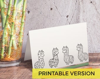 Tarjetas para colorear imprimibles de llama / Tarjeta de felicitación en blanco / Coloración para adultos / Descarga instantánea / Correo postal / Nota de agradecimiento / Tarjeta de notas de Alpaca
