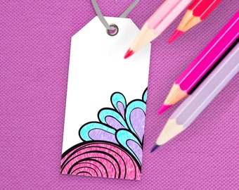 Etiquetas de regalo para colorear imprimibles con 8 diseños de Swirly Doodle / Etiquetas de bolsas de regalo de bricolaje imprimibles / Descarga instantánea