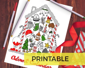 Calendario de Adviento Casa de pan de jengibre Página para colorear imprimible / Actividad familiar / Descarga digital instantánea / Cuenta regresiva de Navidad imprimible