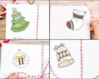 Printable Christmas Gift Tag Stickers Bundle: Tree, Stocking, Elf Feet, and Bell | Color Your Own Christmas Gift Tag Stickers