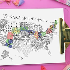 Printable coloring page map of the USA, with text along the top that reads, The United States of America. The map is partially colored in shades of green, blue, yellow, red, and orange. Each state is labeled and has a different, intricate design.