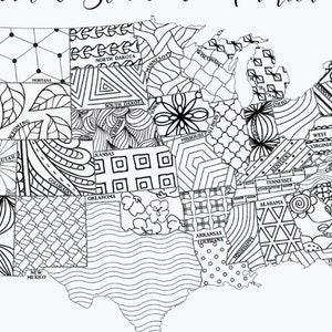 Detailed view of a printable coloring page map of the USA. Each state has is labeled and has a different, intricate design.