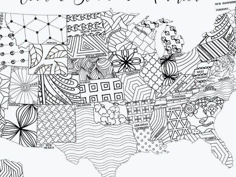 Detailed view of a printable coloring page map of the USA. Each state has is labeled and has a different, intricate design.