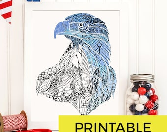 Página para colorear imprimible de American Eagle / Arte de pared de la mascota del águila / Página para colorear para adultos / Despliegue / Alivio del estrés militar / Familia militar