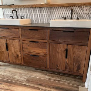 60&quot; Rustic Walnut Bathroom Vanity | Double Sink | Three Drawer | Real Hardwood | Bathroom Storage | FREE Shipping
