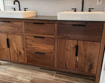 60" Rustic Walnut Bathroom Vanity | Double Sink | Three Drawer | Real Hardwood | Bathroom Storage | FREE Shipping