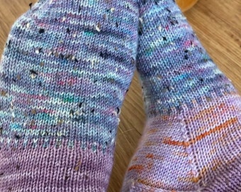 Odd socks, mismatched socks. Hand knitted woollen luxury socks. Tweed variegated sections. Purple, pink, blue, orange, berry