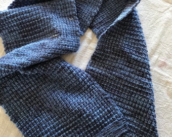 Hand Knitted Denim Blue Variegated Merino Wool Scarf – Soft Silk Feel