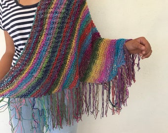 Silk yarn hand knitted shawl  with  fringe 1970’s retro colourful Gift giving