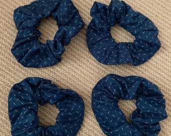 Handmade Scrunchies jumbo style navy blue with blue and yellow details. Pack of 2