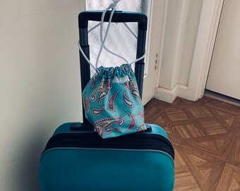 Handmade Waterproof Toiletry Bag: Blue Paisley Waxed Cotton Drawstring