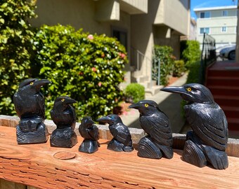 3.5" / 2.5" / 1.75” Carved Black Onyx Raven Statue Crow Carving Bird Sculpture Totem Blue, Yellow and Purple EYES AVAILABLE