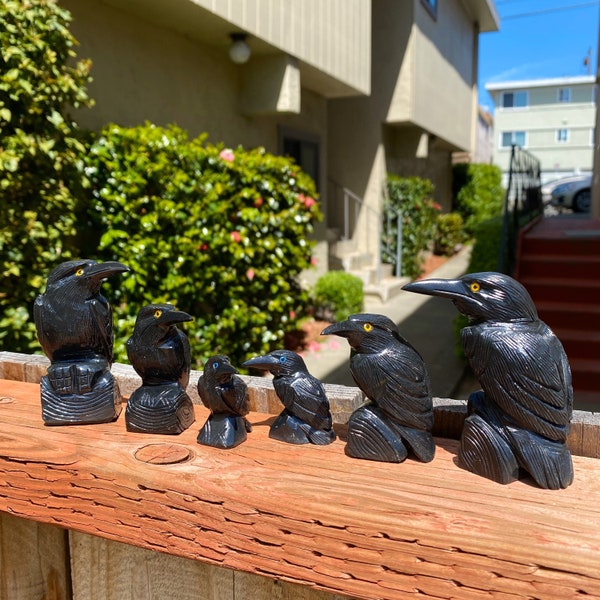 3.5" / 2.5" / 1.75” Carved Black Onyx Raven Statue Crow Carving Bird Sculpture Totem Blue, Yellow and Purple EYES AVAILABLE