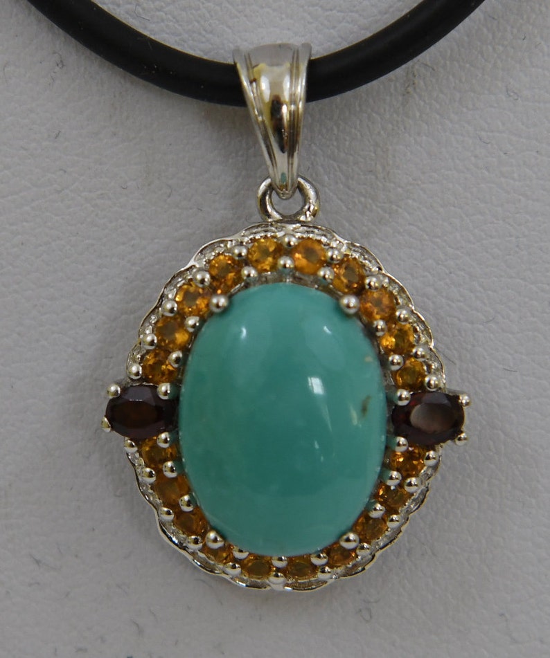 Turquoise and Garnet stones Sterling Chain With Appraisal Hallmarked Jewelry Vintage Sterling Silver Pendant with Citrine