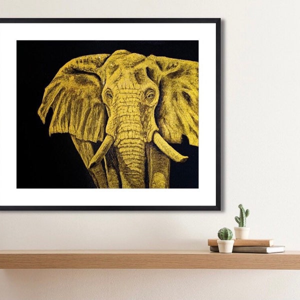 Printable Wall Art Gold Elephant Realistic Painting, Digital Download, Wildlife Art, Wall Art, Home Decor,