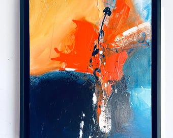 Original Abstract Acrylic Painting, Orange Blue Textured Canvas, Framed Wall Art