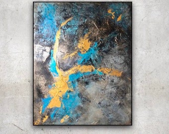 Metallic Gold, Blue, Abstract Acrylic Painting On Canvas, Wall Art,  Home, Office,  Handmade Original Art, Modern Art