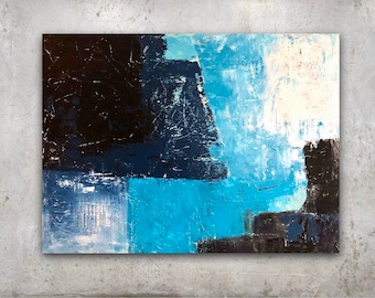 Blue Abstract Acrylic Painting on Canvas, Modern Wall Art