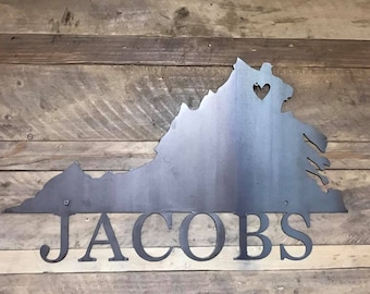 Custom Metal Last Name Sign - Style #6 - State Cutout with Heart