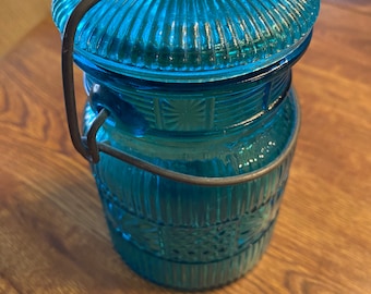 Vintage Mason Collectible Teal Glass Jar with Wire Clamp-On Lid by AVON