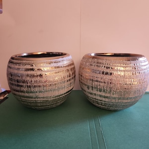2 Silver Ceramic Etched Planter Pots