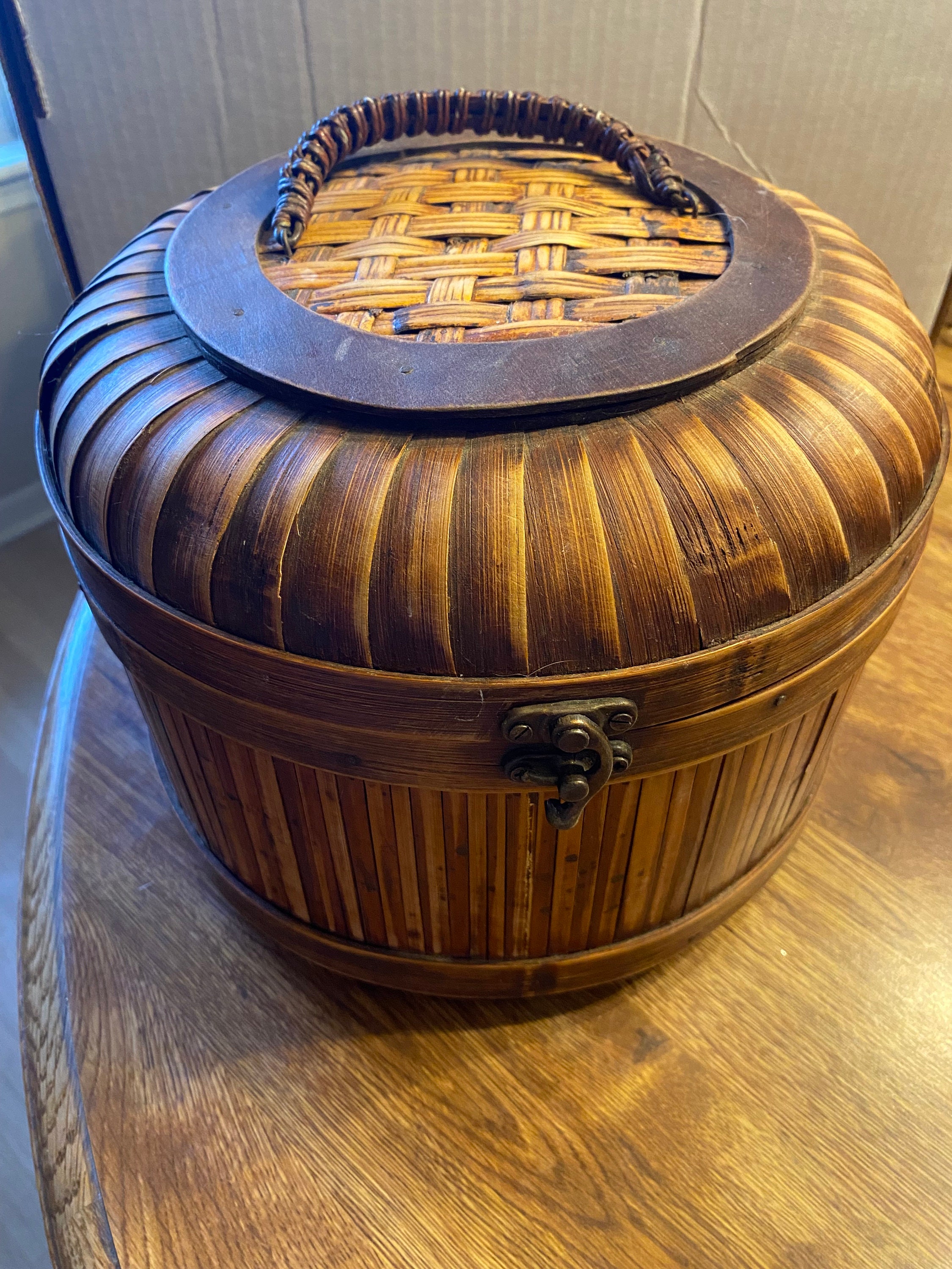 Vintage Round Bamboo Woven Basket With Attached Lid Etsy