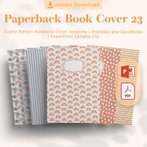 May include: A collection of paperback book covers with various patterns, including rainbows, stripes, and polka dots. The covers are in shades of blue, orange, and white. Text on the image reads "Paperback Book Cover 23" and "Instant Download".