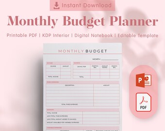 Monthly Budget Planner Template - KDP Interiors Editable, Printable PDF, Editable Template, Printable Templates, Planner Inserts