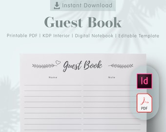 Guest Book Template – Printable PDF, KDP Interior, Editable (8.25 x 6 in)