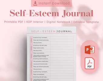 May include: A printable self-esteem journal with a pink and white color scheme. The journal is divided into sections for each day of the week, with prompts for reflection and self-affirmation. The text "Self-Esteem Journal" is at the top of the page, and the text "SELF-ESTEEM JOURNAL" is at the top of the journal.
