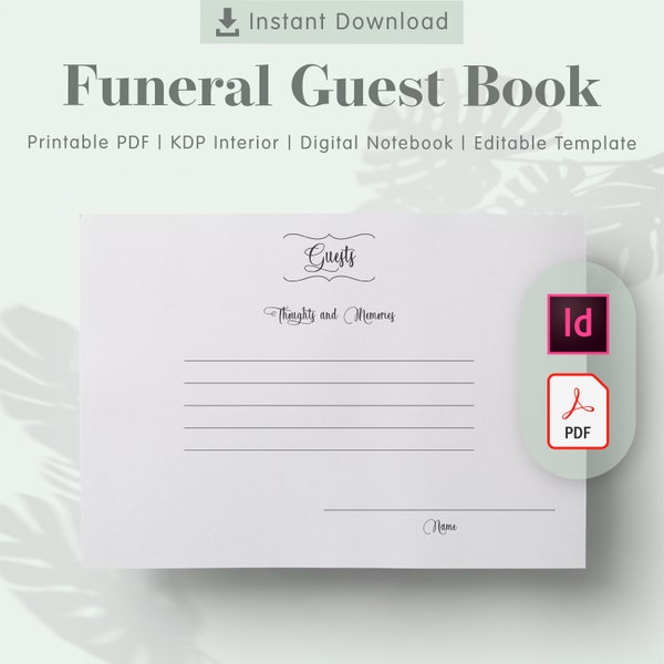 Funeral Guest Book Printable Template - Size 8.25 x 6 in - KDP Interiors Editable - Printable PDF - InDesign Editable - Instant Download