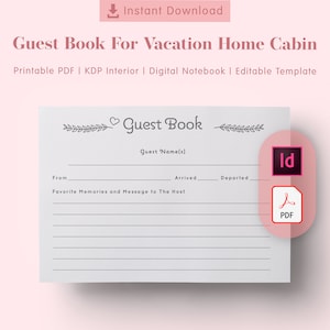 Guest Book For Vacation Home Cabin - 8.25x6 and Letter size - KDP Interiors Editable - Printable PDF - InDesign Editable - Instant Download