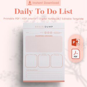 Peut inclure: Un modèle de liste de tâches quotidiennes imprimable avec des sections pour le vidage de cerveau, le terrain vague, les priorités principales et le suivi de l'humeur. Le modèle est conçu dans un style minimaliste avec des couleurs rose et blanche.