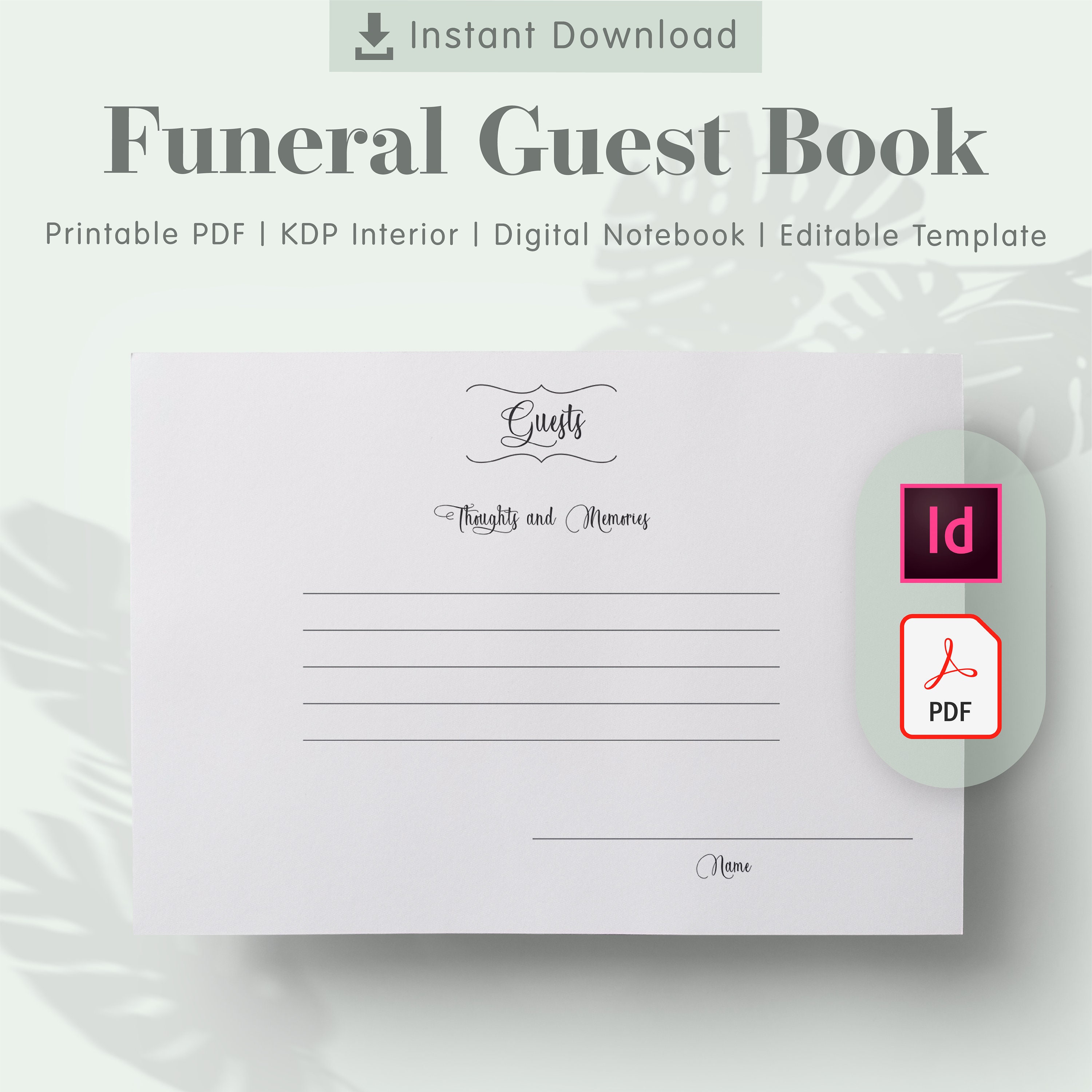 Funeral Guest Book Printable Template Size 8 25 X 6 In Kdp Etsy